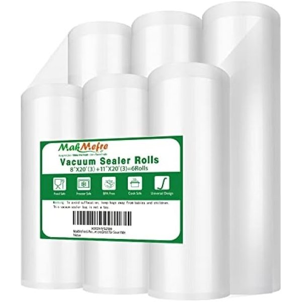 MakMeFre 6 Pack 8"x20'(3Rolls) and 11"x20' (3Rolls) Vacuum Sealer Bags Rolls for